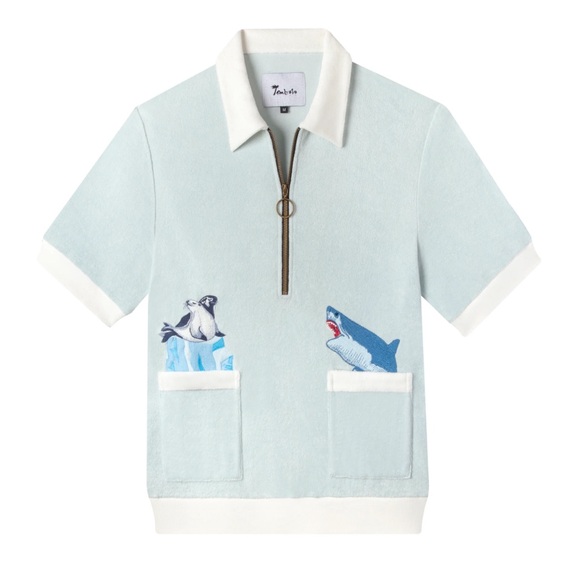 Tombolo Other - Tombolo Ménage-à-Gnaw’ Cabana Terry Cloth Shirt Blue Embroidered shark Men’s XS